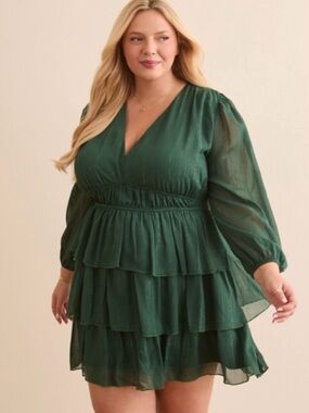 ARULA Forest Green Tiered Long Sleeve Mini Dress